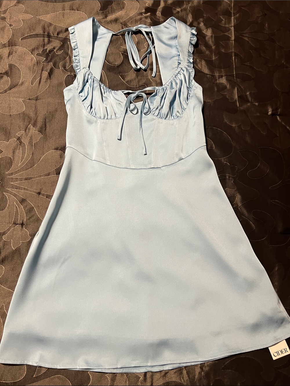 NWT Cider Light Sky Blue Satin Mini Dress Corset Style Ties Ruffles Size Medium